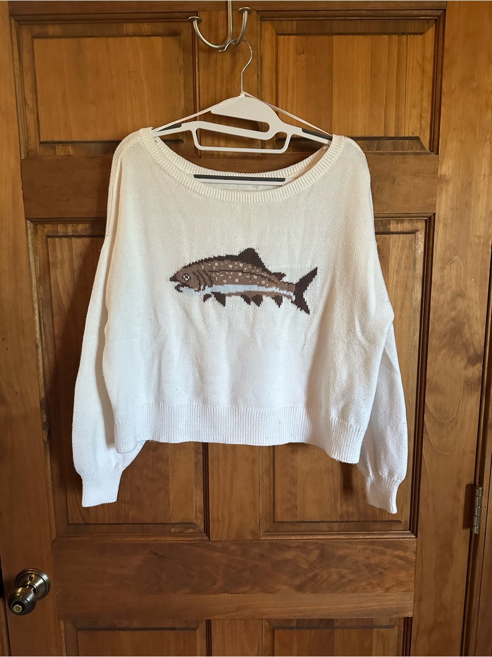 Fish sweatern Hollister Cream trout fish bou Sweater with Brown Fish Graphic XS